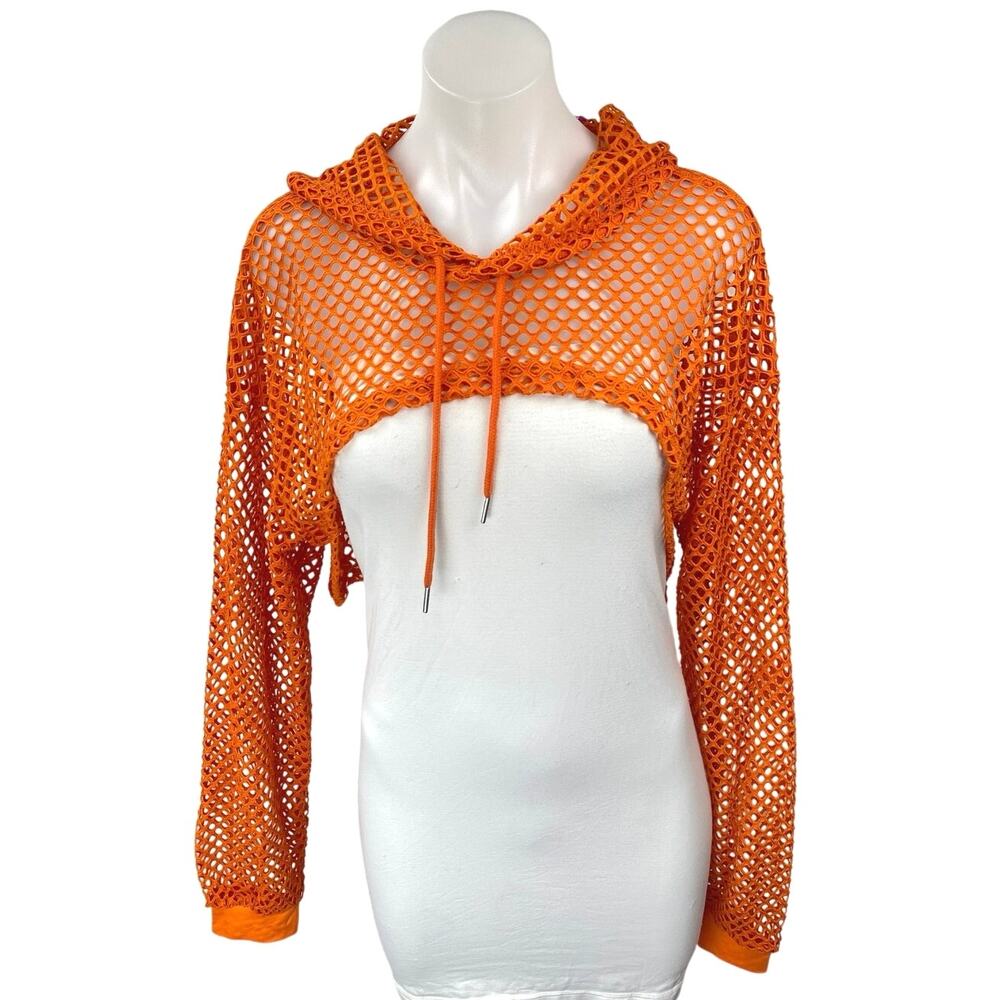 NEW Avidlove Women's Orange Mesh Fishnet Long Sleeve Hooded Hoodie Crop Top XL